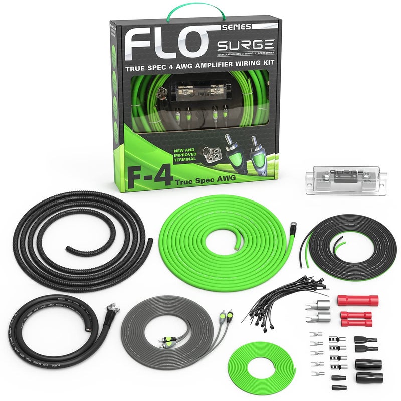 Surge Flo Series 4 Gauge Amplifier Installation Wiring Kit | True Spec 4 AWG | Pre-Terminated 18 ft Power Cable & 3 ft Ground Cable | Double-Shielded RCA | Full-Size ANL Fuse Holder with 100A Fuse - Image 1